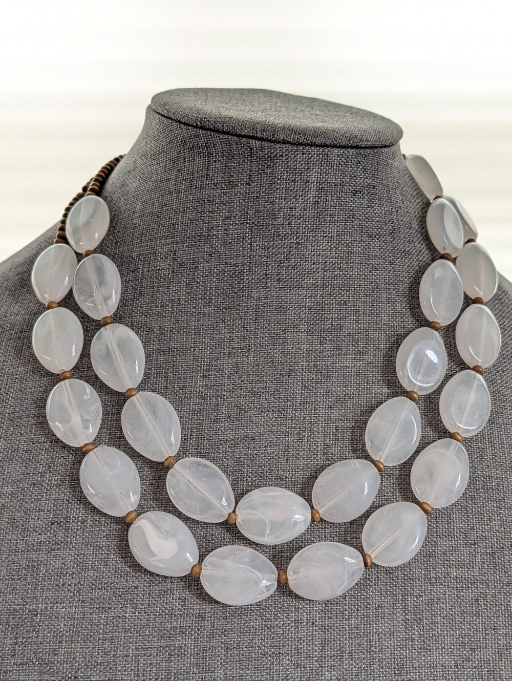 Beachy Bohemian Style Coastal Double Strand Swirled Acrylic Beaded Wood Necklace